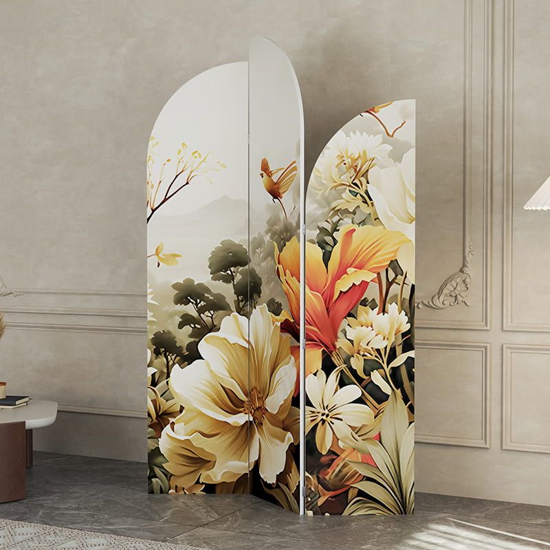 Bình phong in bộ 3 cánh họa tiết lá chim & hoa IG416.4