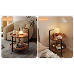 Bàn trà di động 2 tầng chân đen mặt óc chó GM188.26