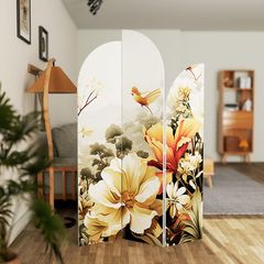 Bình phong in bộ 3 cánh họa tiết lá chim & hoa IG416.4