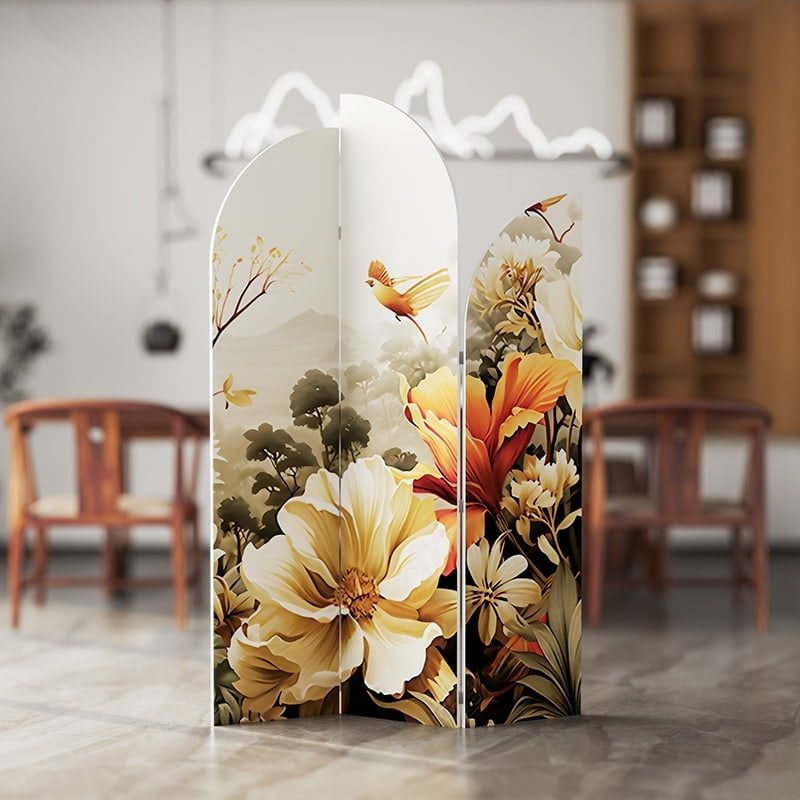 Bình phong in bộ 3 cánh họa tiết lá chim & hoa IG416.4