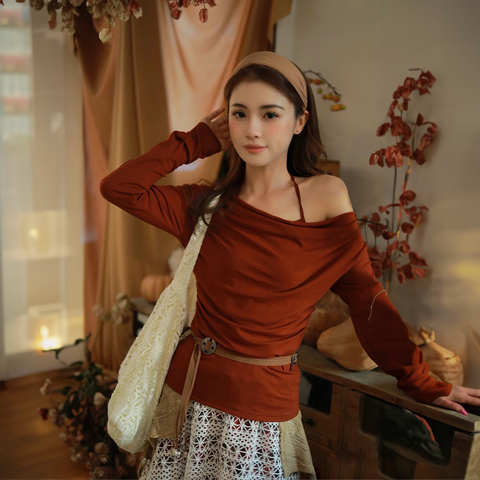 Set Caro Đỏ 2 Món (Áo Cam Cổ Đổ - Thắt Lưng Chuông Da Lộn)