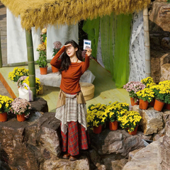 Set Caro Đỏ 3 Món (Chân Váy Caro - Áo Cam Cổ Đổ - Thắt Lưng Chuông Da Lộn)