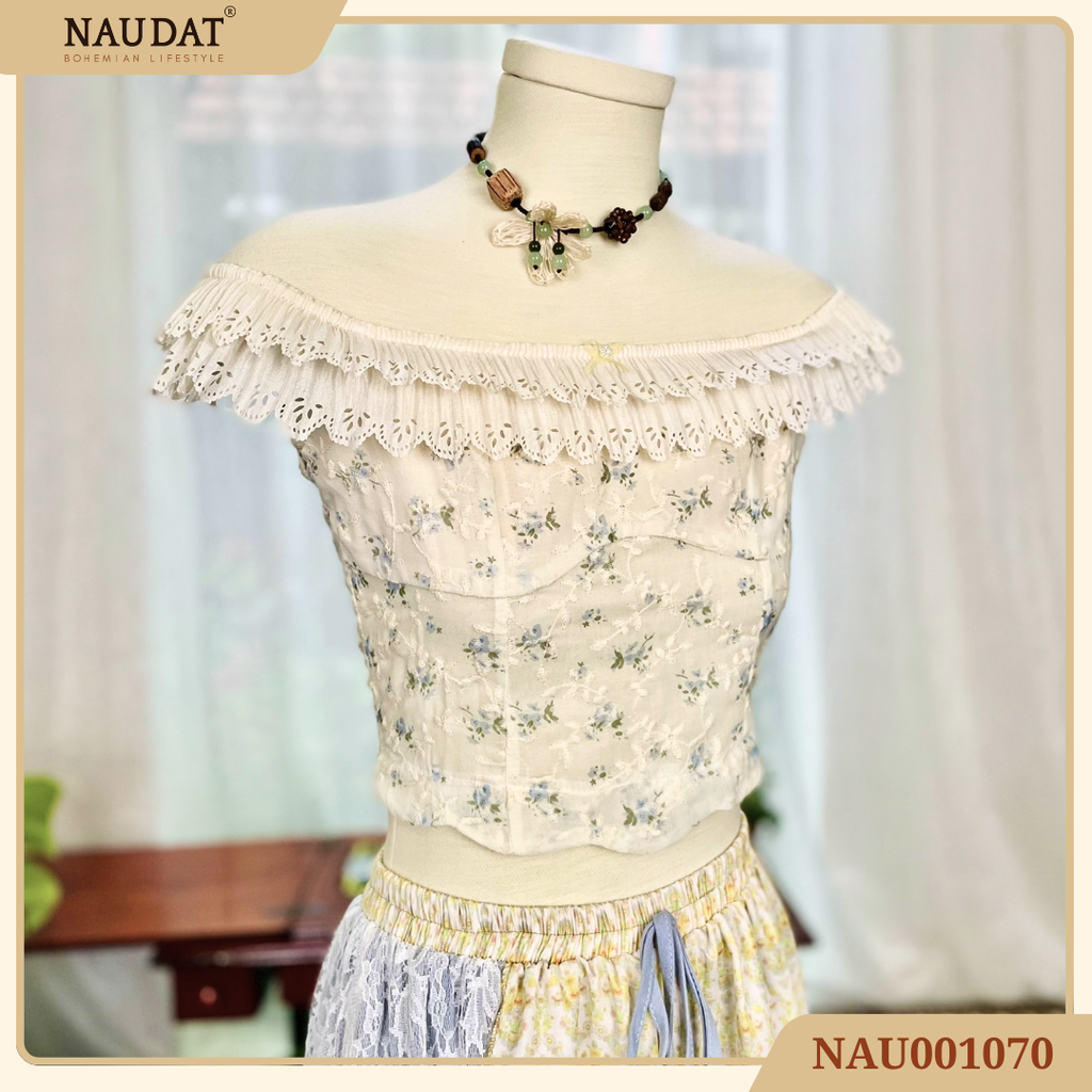 Áo Thêu Hoa Xanh Trễ Vai