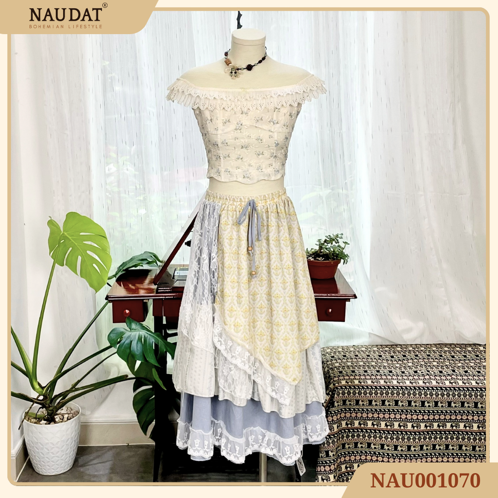 Áo Thêu Hoa Xanh Trễ Vai