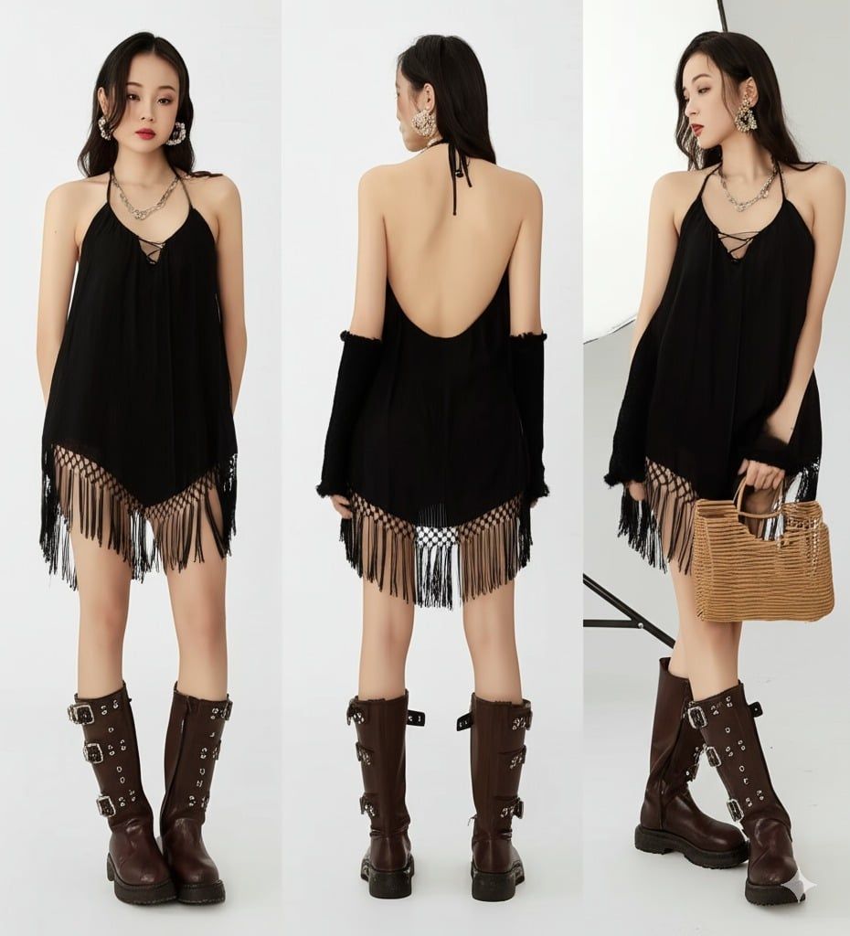 Đầm Yếm Đen Tua Rua - Isara