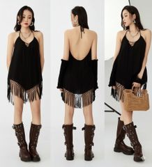 Đầm Yếm Đen Tua Rua - Isara