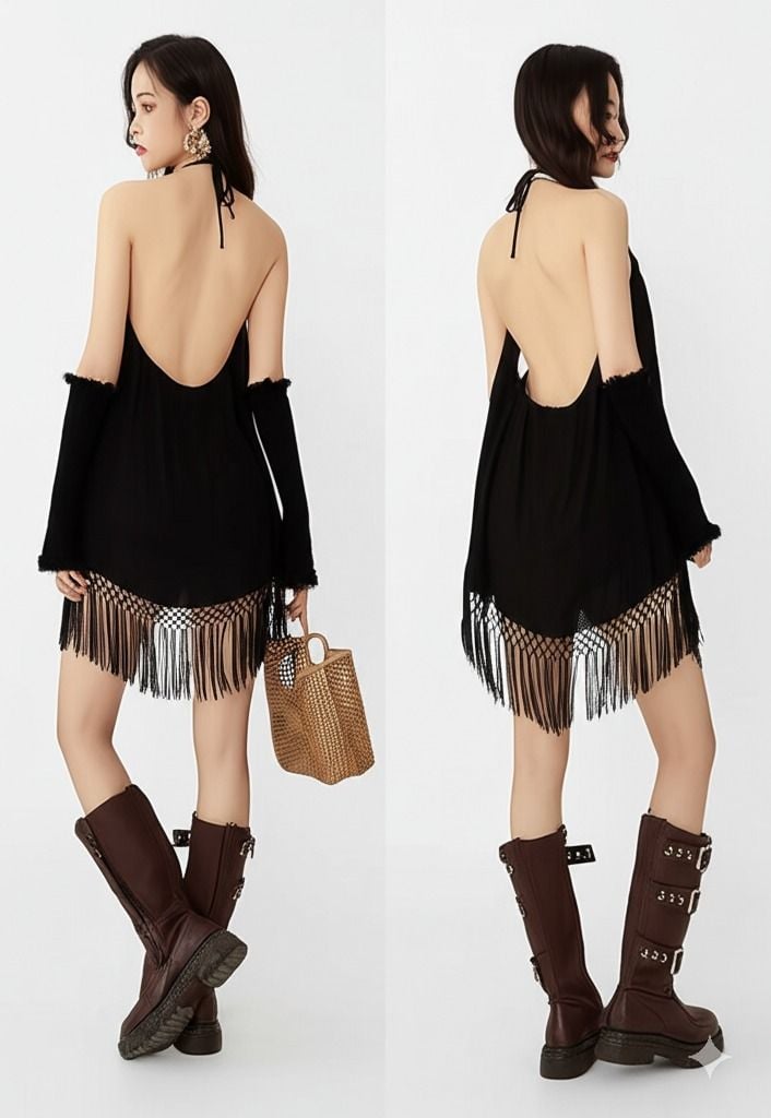 Đầm Yếm Đen Tua Rua - Isara