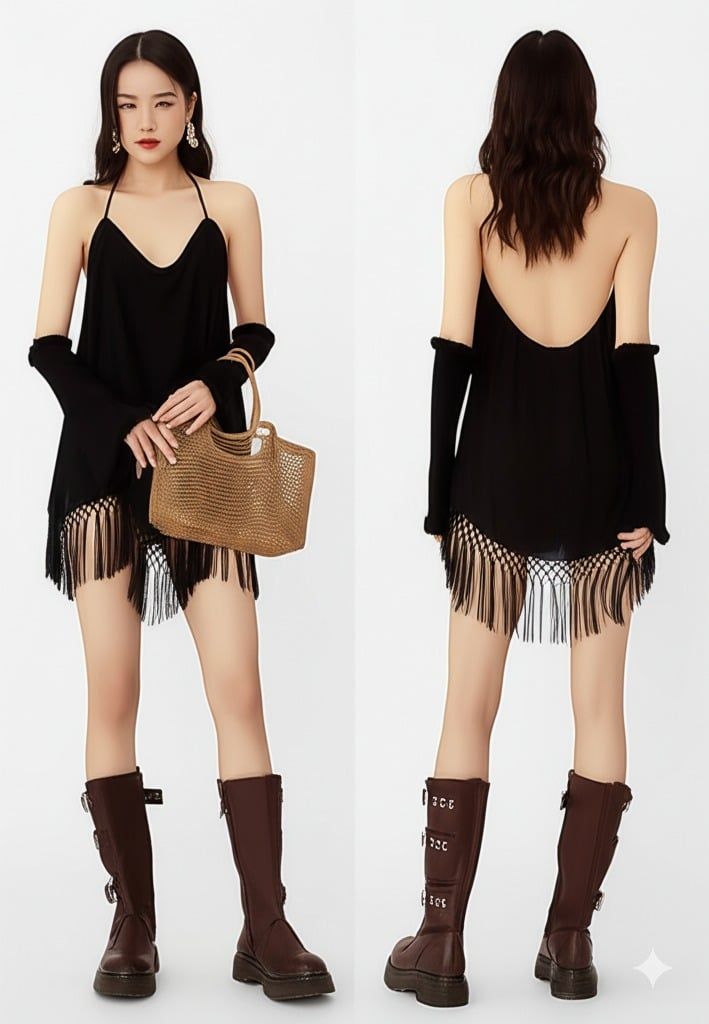 Đầm Yếm Đen Tua Rua - Isara