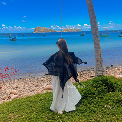 Khăn Choàng Ren Tua Rua- Kem Trắng Đỏ