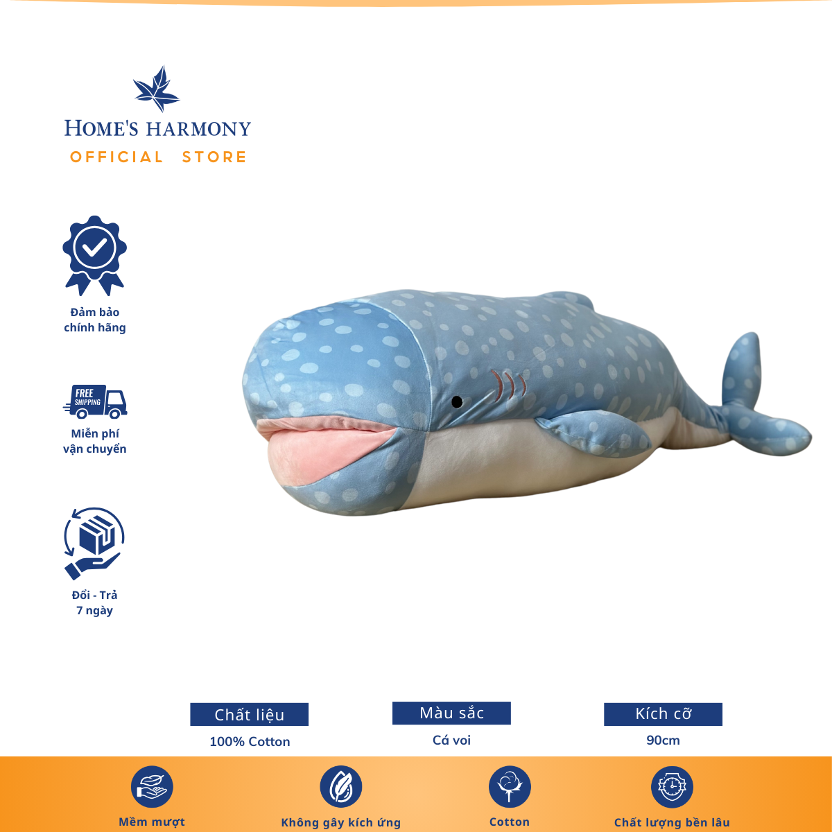  Gấu Bông Cá Voi Xanh Xinh Xắn Cotton Soft, kích thước 90cm 