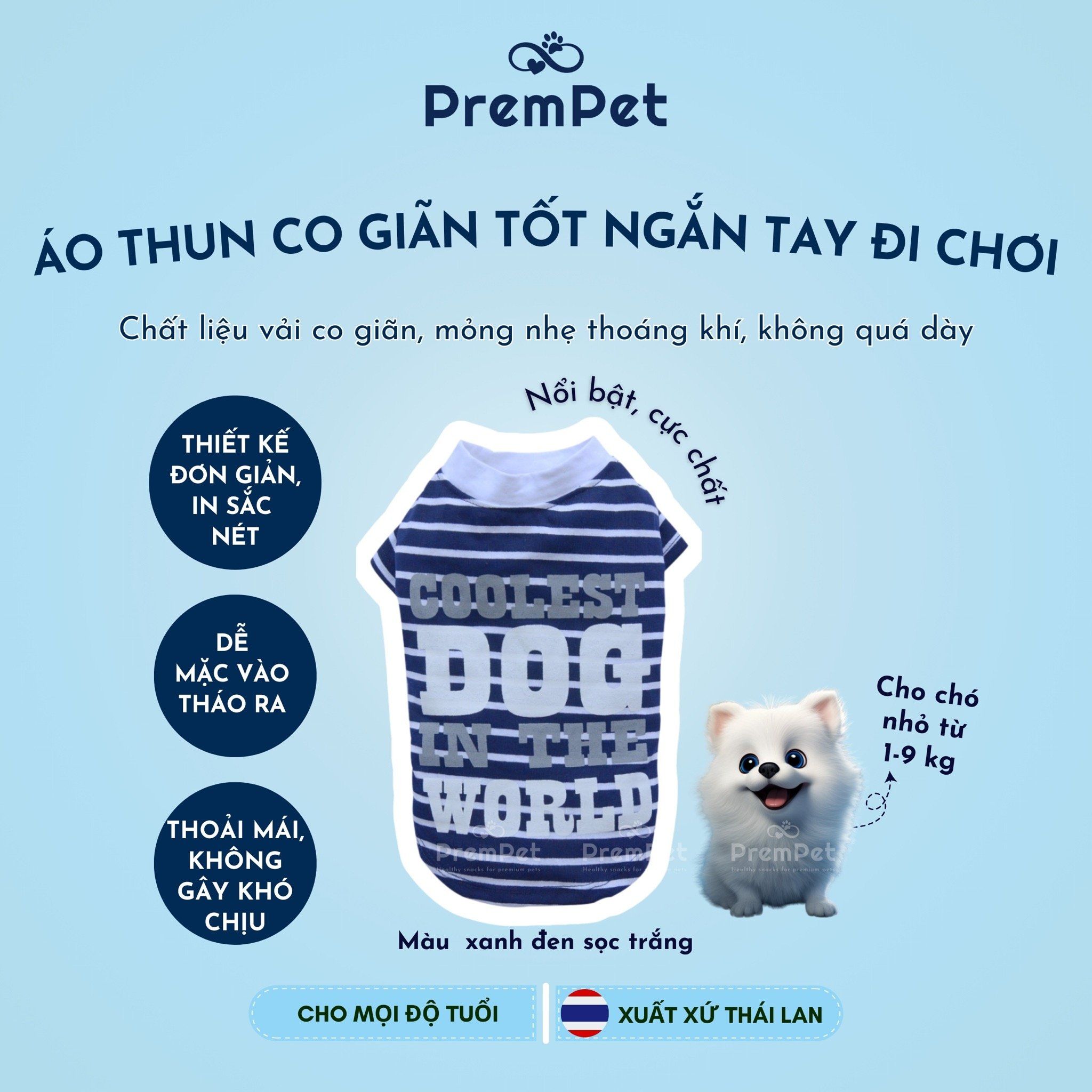  Áo Thun - DoggyDolly - Vải Thun Co Giãn, Cổ Tròn Ngắn Tay Đi Chơi - cho Chó nhỏ - Size L - Màu Xanh Đen Sọc Trắng 