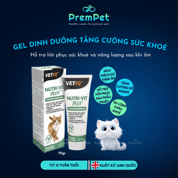  Gel Dinh Dưỡng - VetIQ - Nutri Vit Plus - Tăng Cường Sức Khoẻ Tổng Thể - cho Mèo - Tuýp 70g 
