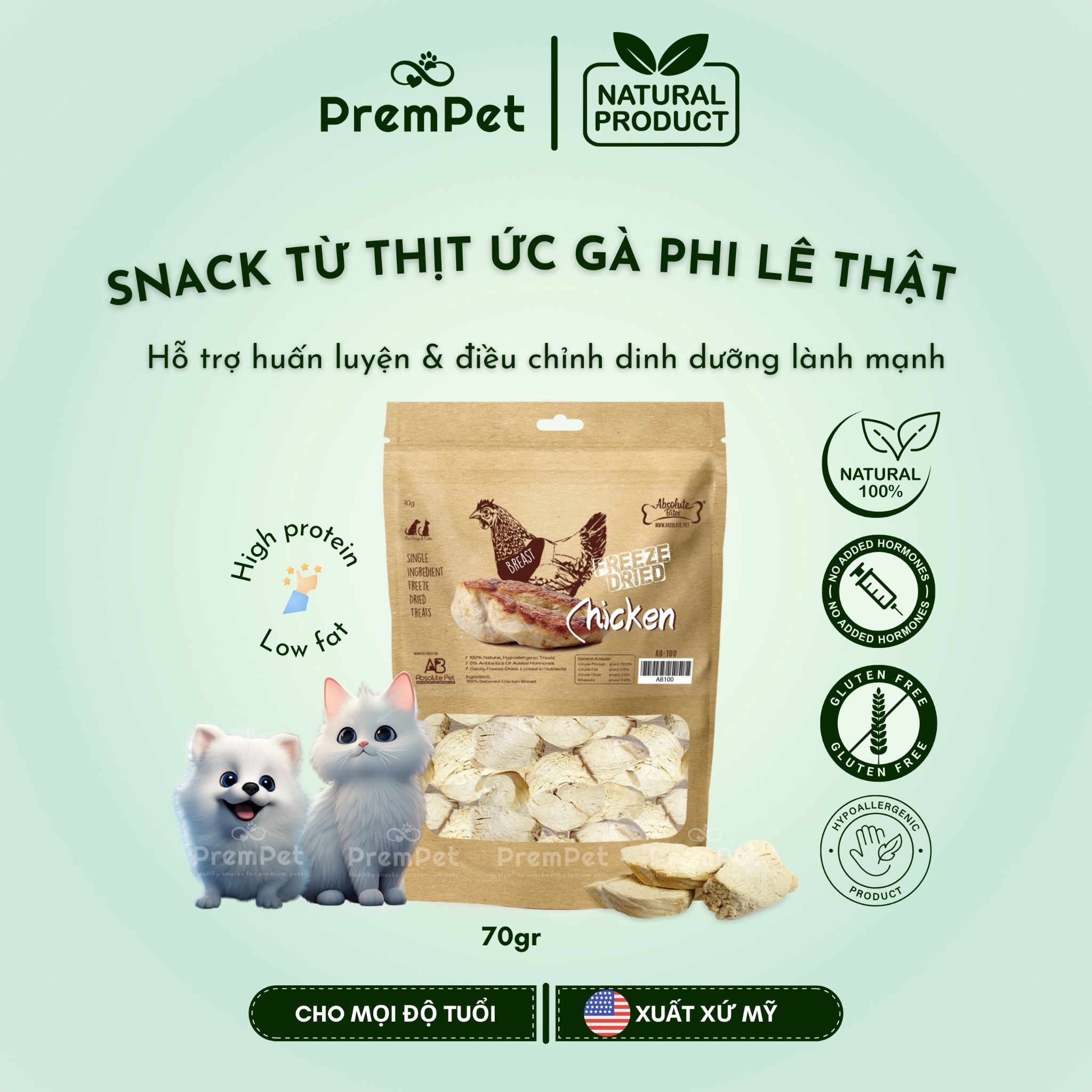  Snack Thưởng - Absolute Bites - Từ Thịt Ức Gà Tươi - cho Chó Mèo - Túi 70g [NATURAL] 
