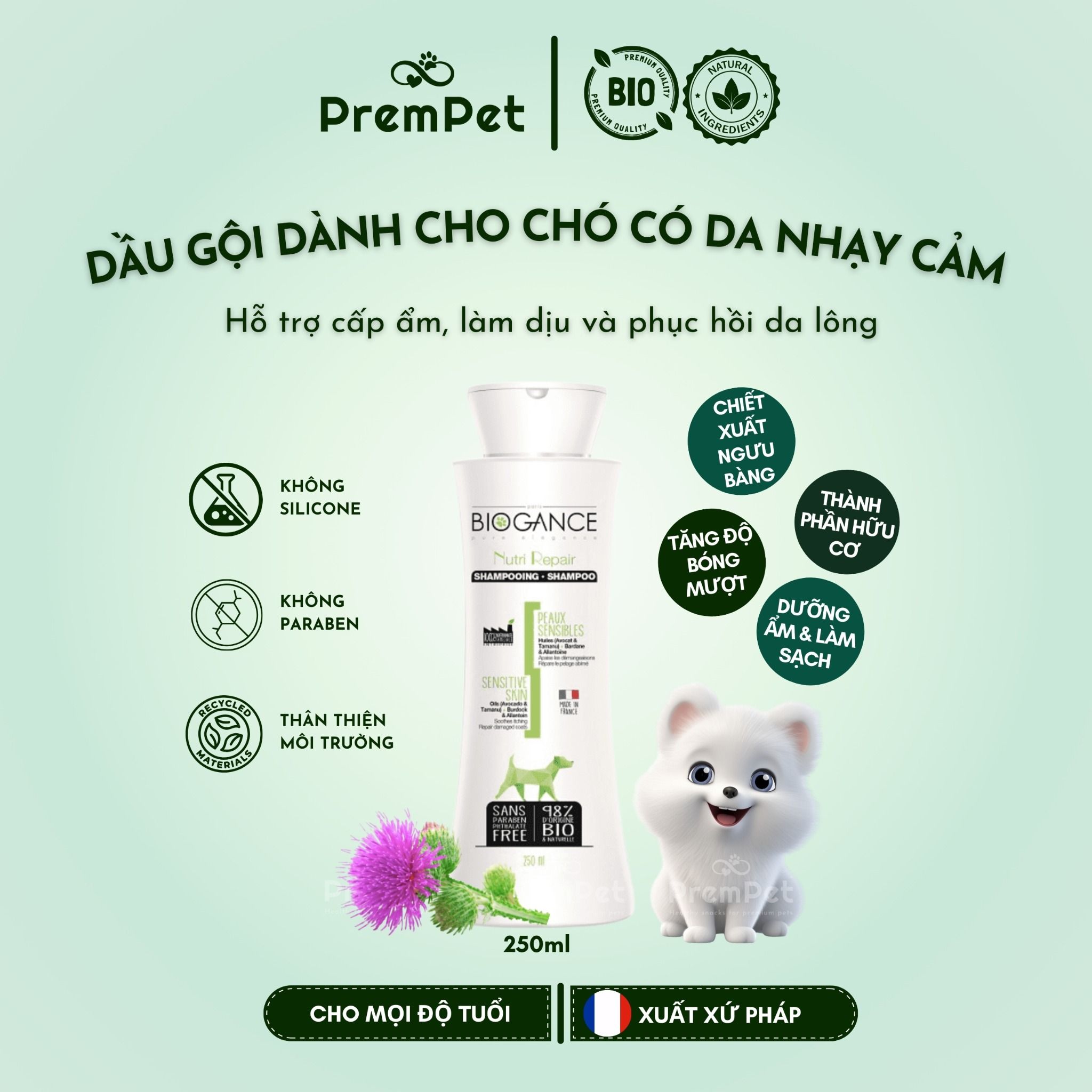  Dầu Gội - Biogance - Cho Da Nhạy Cảm - cho Chó - Chai 250ml [NATURAL] 