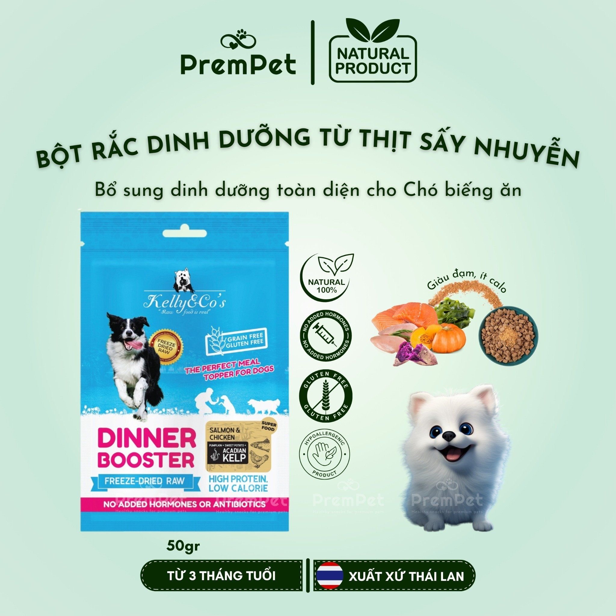  Bột Rắc Dinh Dưỡng - Kelly & Co's - Từ Thịt Gà Cá Hồi & Rau Củ Sấy Nhuyễn - cho Chó - Túi 50g [NATURAL] 