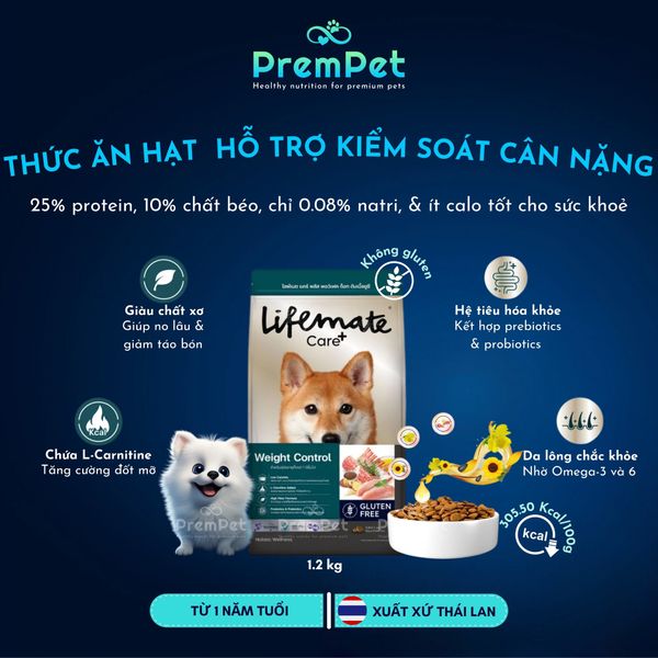  Thức Ăn Hạt - Lifemate - Hỗ Trợ Kiểm Soát Cân Nặng - cho Chó - Túi 1.2kg 