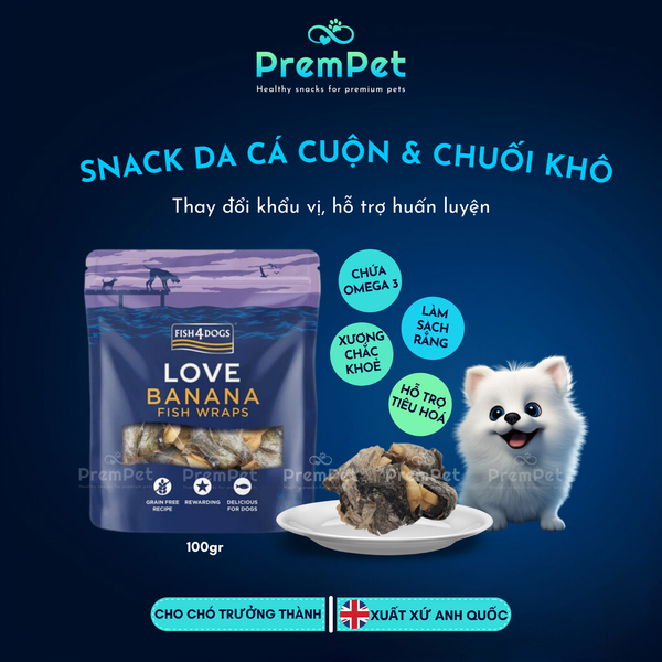  Snack Thưởng - Fish4Dogs - Từ Da Cá Cuộn & Chuối Khô - cho Chó - Túi 100g 