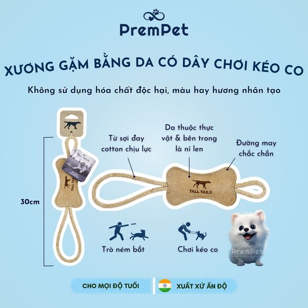  Xương Gặm - Tall Tails - Bằng Da Tự Nhiên Có Dây Chơi Kéo Co - cho Chó - Dài 30cm 