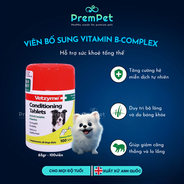  Vitamin Bổ Sung - Vetzyme - Vitamin B-Complex Hỗ Trợ Sức Khoẻ Toàn diện - cho Chó - Hộp 100 viên 