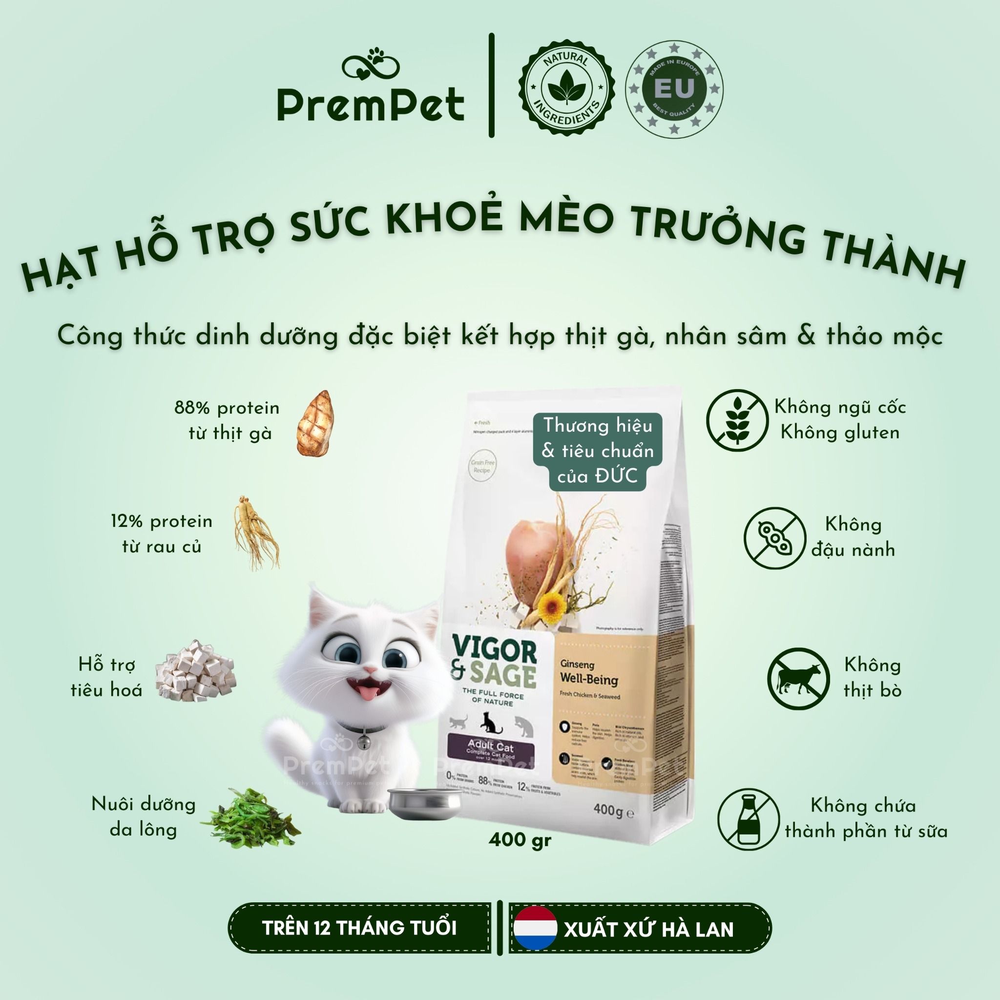  Thức Ăn Hạt - Vigor & Sage - Hỗ Trợ Sức Khoẻ Toàn Diện - Vị Nhân Sâm  - cho Mèo Trưởng Thành - Túi 400g 