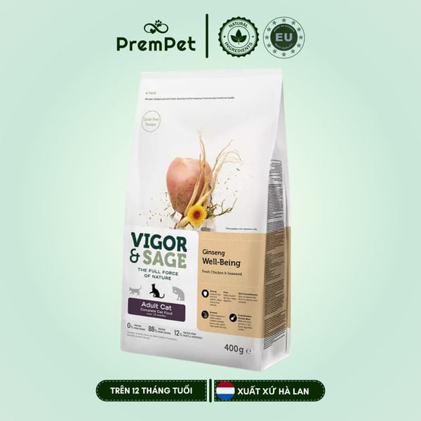  Thức Ăn Hạt - Vigor & Sage - Hỗ Trợ Sức Khoẻ Toàn Diện - Vị Nhân Sâm  - cho Mèo Trưởng Thành - Túi 400g 