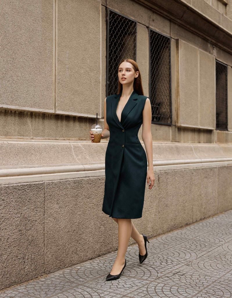  Đầm Vest Sleeveless Xanh lá 