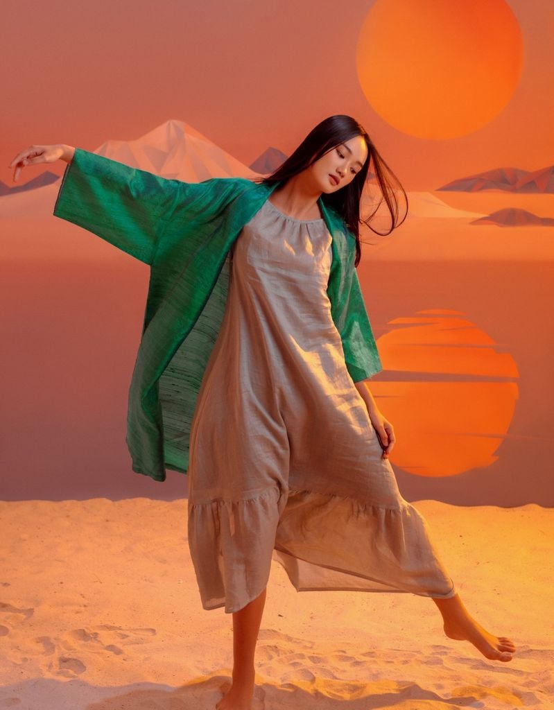  Đầm yếm tùng xòe xanh đậu 