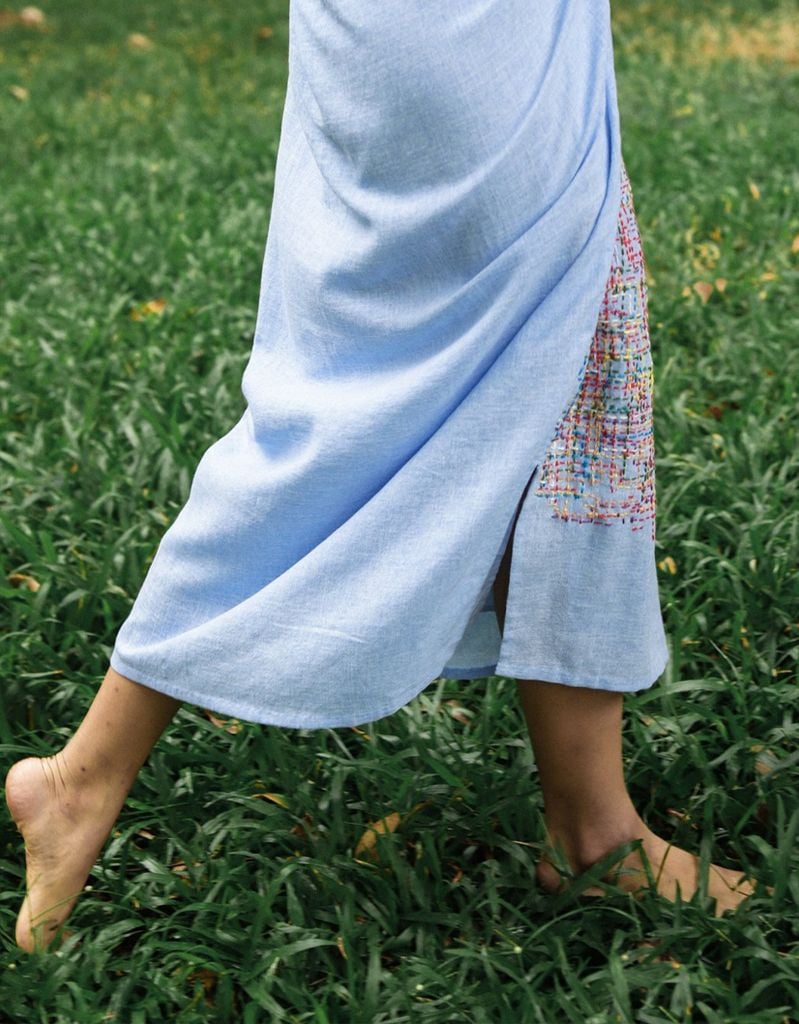  Đầm cổ đỗ sau tay ngắn tay dài xanh dương 