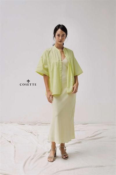  Áo sơ mi tay ngắn cổ trụ xanh chuối 