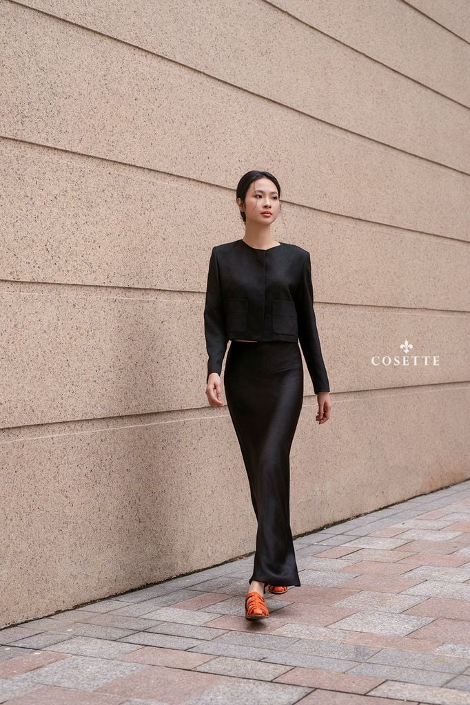  Chân váy dài lụa đen 