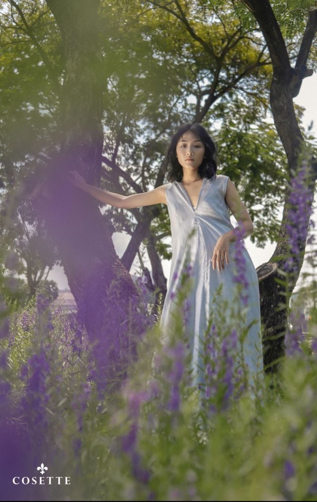  Đầm cổ tim trước sau tùng xéo xanh da trời 