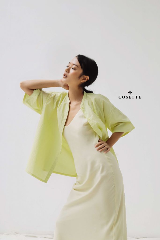  Đầm tùng xéo 2 dây vải lụa xanh cốm 