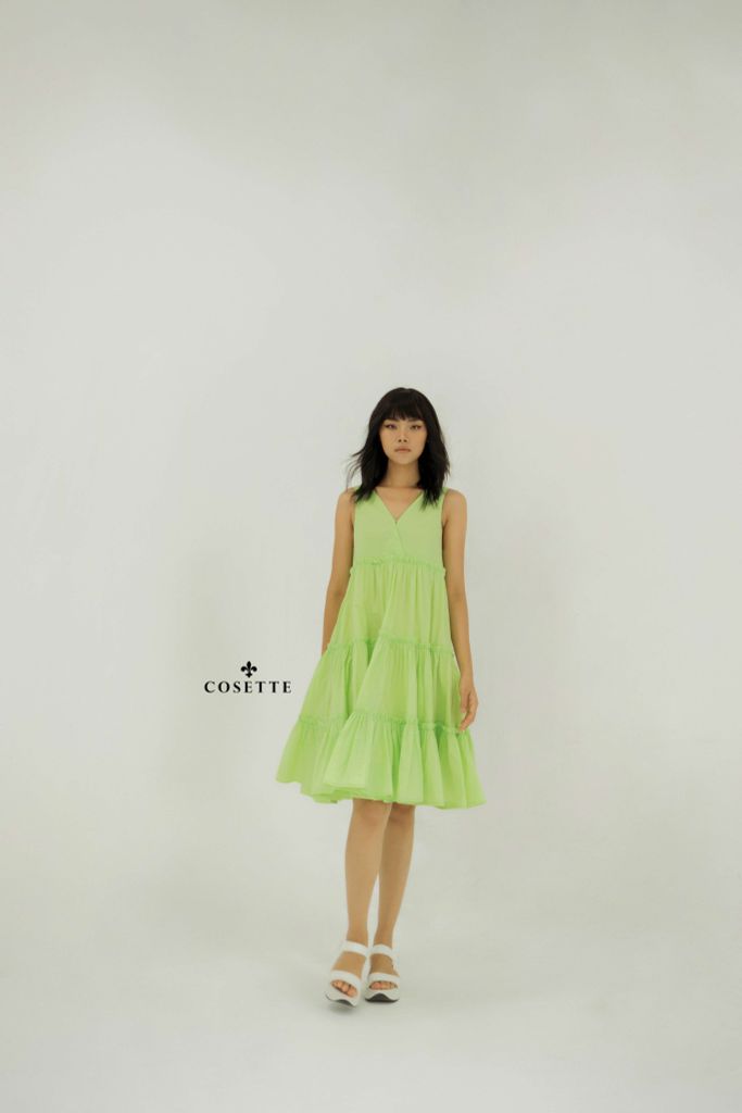  Đầm 2 dây nhún bèo tầng xanh chuối 