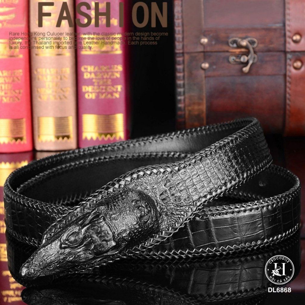 Dây Lưng Da Cá Sấu Đầu Cá DL6868 – Phong Cách Năng Động, Thiết Kế May Viền Thủ Công