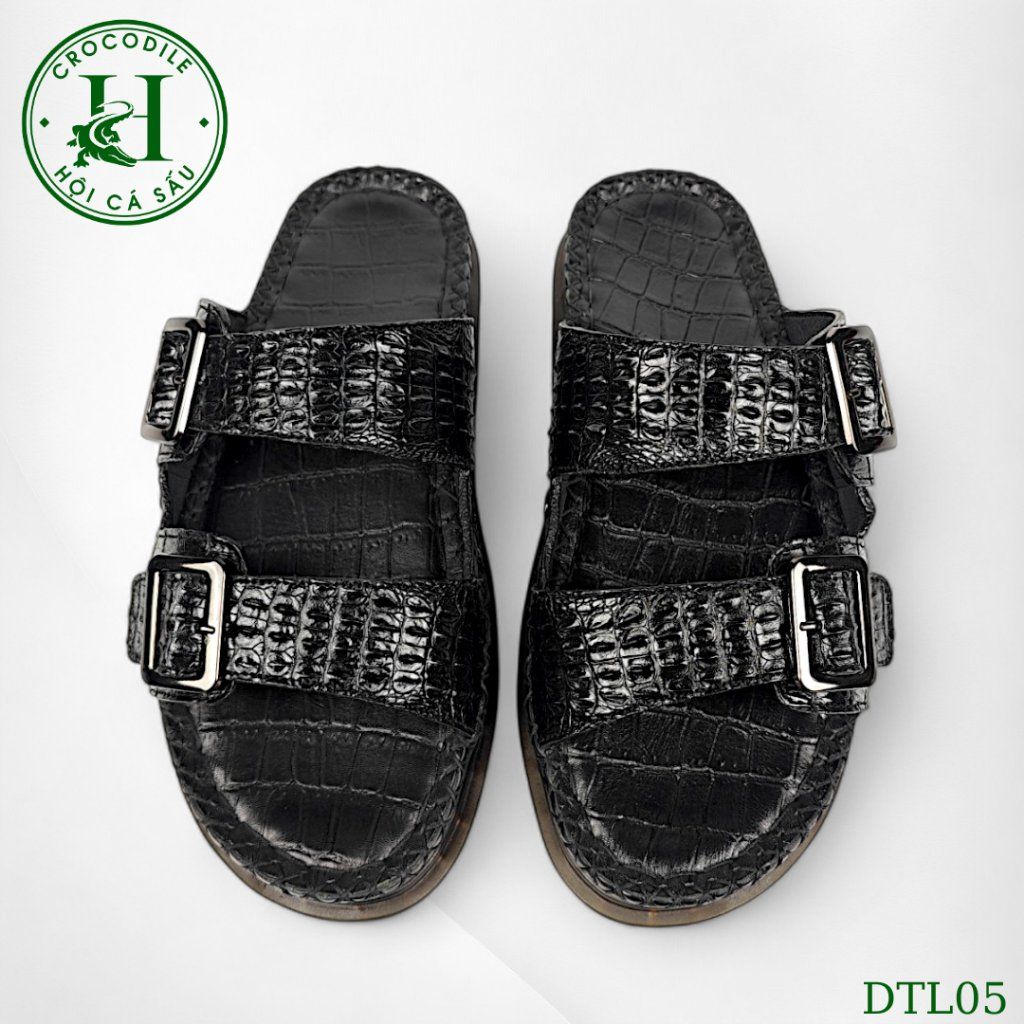 DTL05 – Dép Quai Ngang Da Lưng Cá Sấu Thật, Đế Kép Tăng Chiều Cao, Thủ Công Sang Trọng