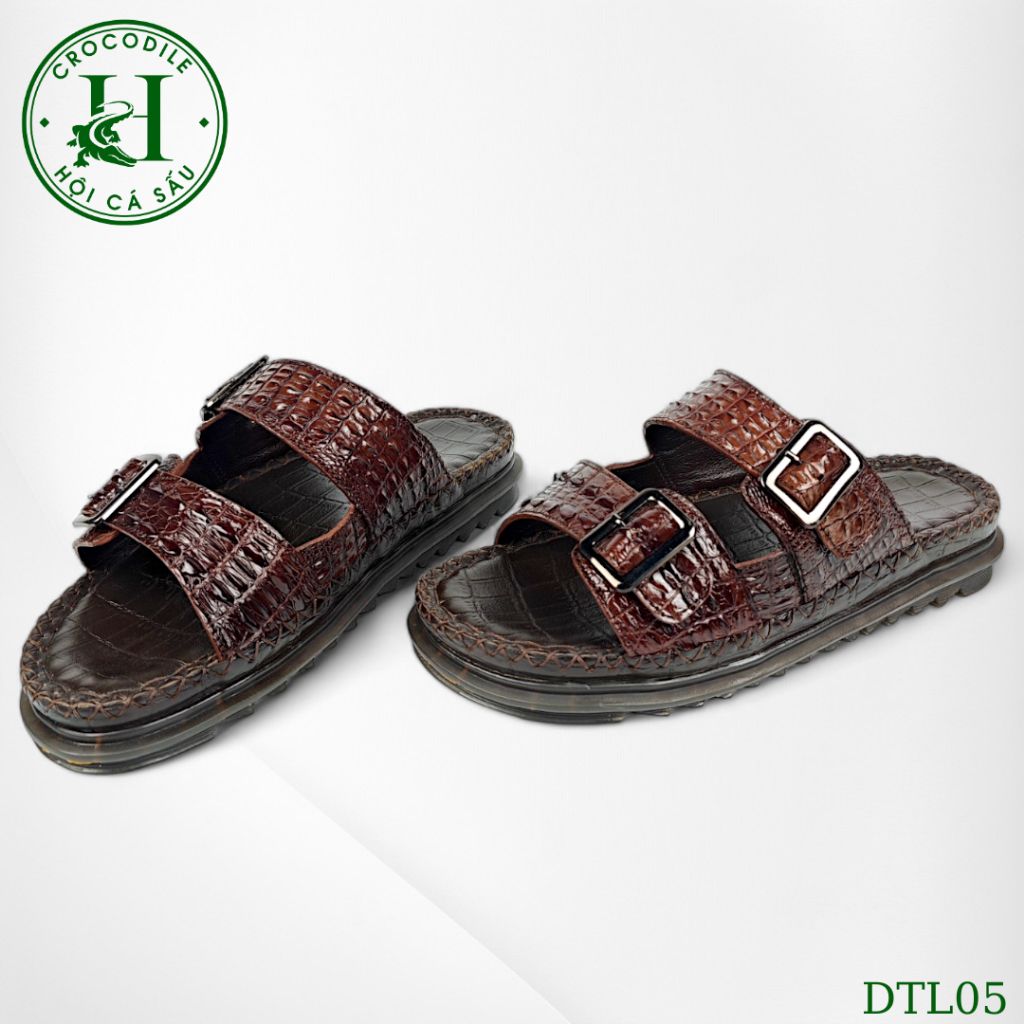 DTL05 – Dép Quai Ngang Da Lưng Cá Sấu Thật, Đế Kép Tăng Chiều Cao, Thủ Công Sang Trọng