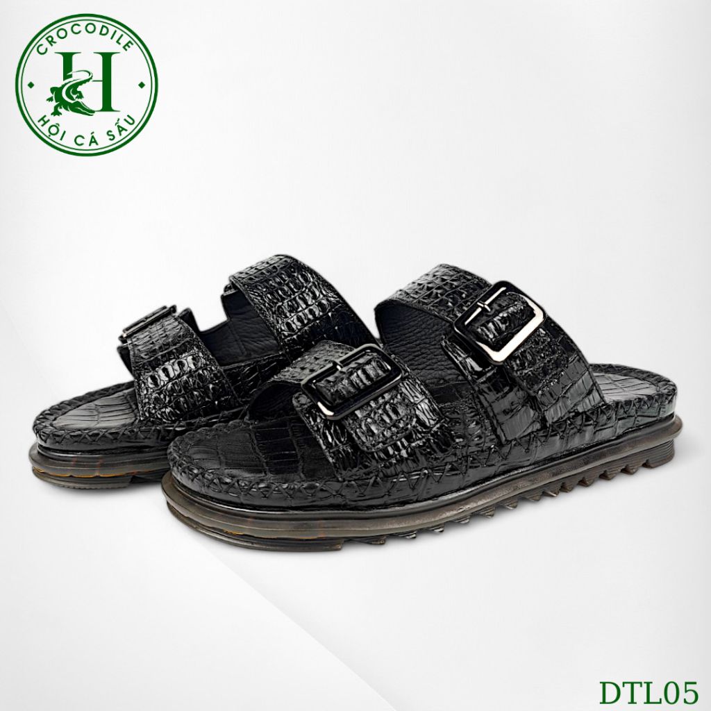 DTL05 – Dép Quai Ngang Da Lưng Cá Sấu Thật, Đế Kép Tăng Chiều Cao, Thủ Công Sang Trọng