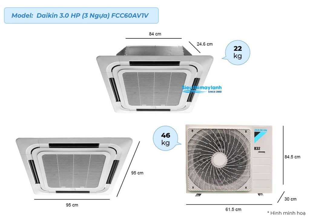Điều hòa Daikin SkyAir FCC60AV1V/RC60AGV1V Cassette Âm trần 8 hướng thổi - Không Inverter - Điều khiển không dây BC50FV - gas R32 - một chiều lạnh