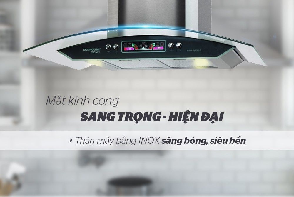 Máy hút mùi Sunhouse MAMA MMB6707-70 kính chịu nhiệt cong trắng inox 2 công suất