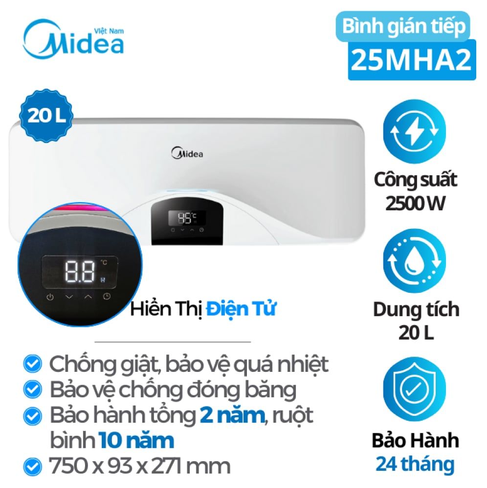 Bình tắm nước nóng Midea MWH20-25EHA2(VN)W 20 Lít