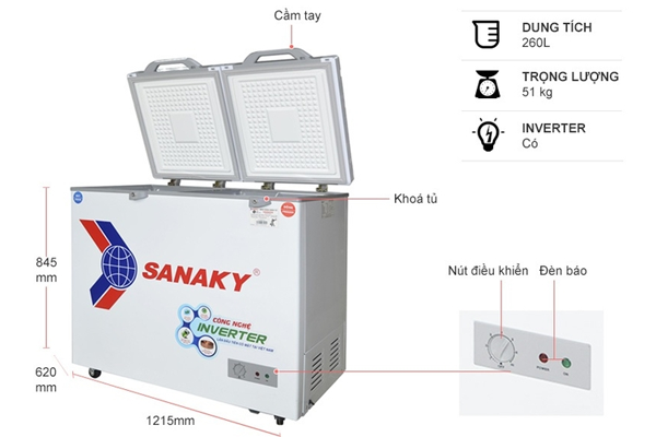 Tủ đông Sanaky 2 ngăn đông và mát VH-3699W4K (260 lít, nắp kính xám)