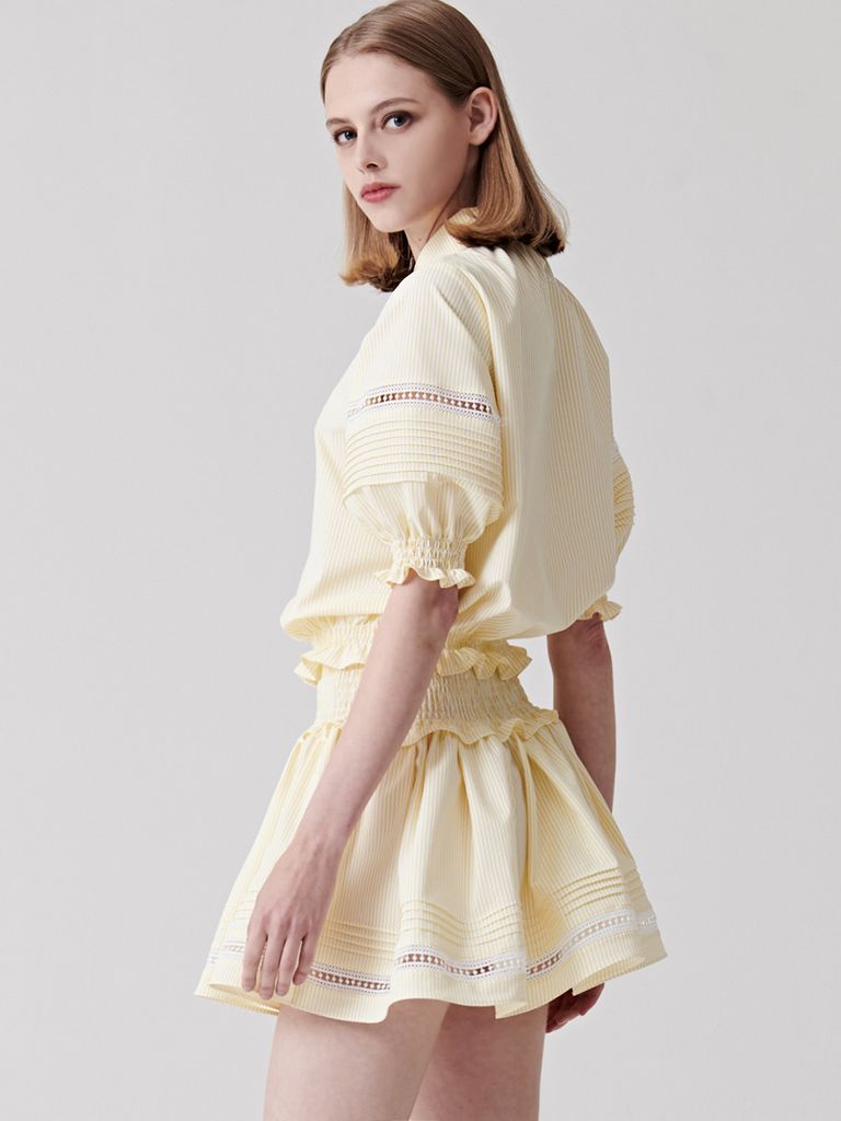 UTAA Lace Stripe Shirring Skirt : Yellow