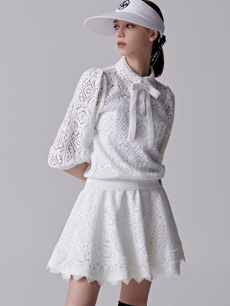 UTAA Pixel Tile Lace Flare Skirt: White