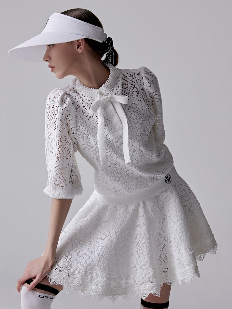UTAA Pixel Tile Lace Flare Skirt: White