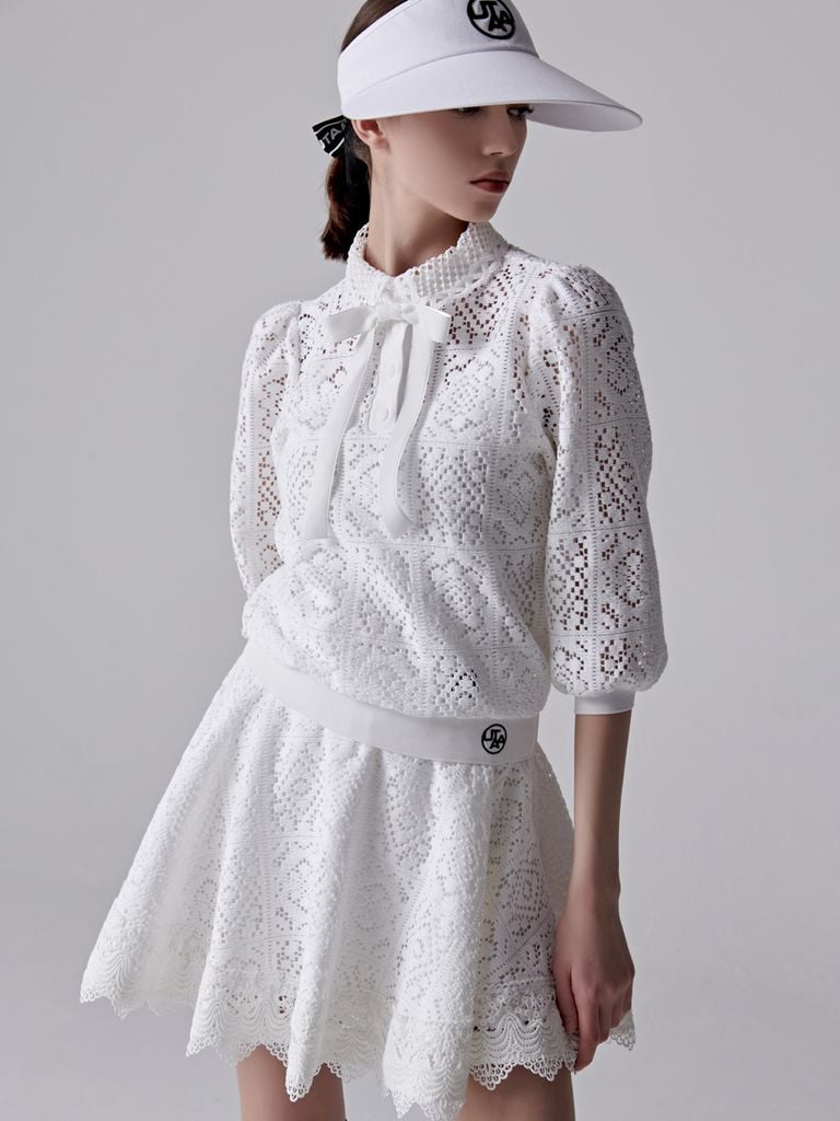 UTAA Pixel Tile Lace Flare Skirt: White