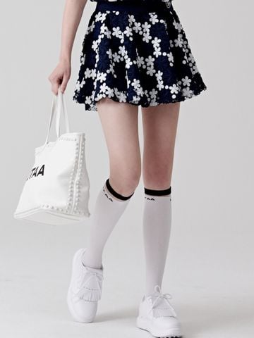 UTAA Lace Flower Net Flare Skirt : Navy