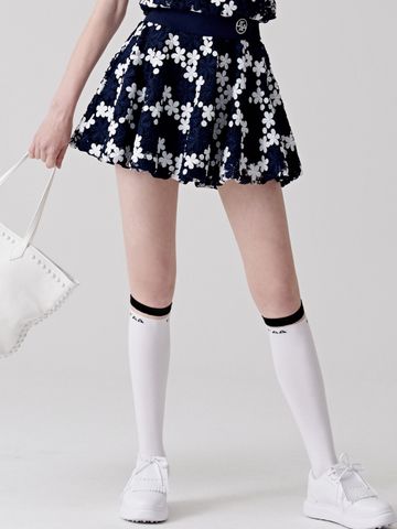 UTAA Lace Flower Net Flare Skirt : Navy