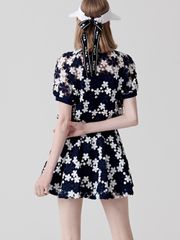 UTAA Lace Flower Net Flare Skirt : Navy