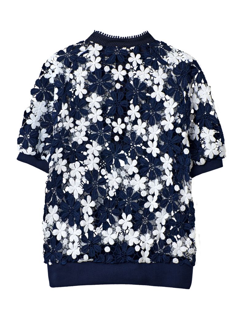UTAA Lace Flower Net Henry Neck Blouse : Navy