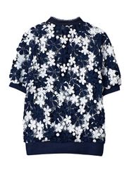 UTAA Lace Flower Net Henry Neck Blouse : Navy